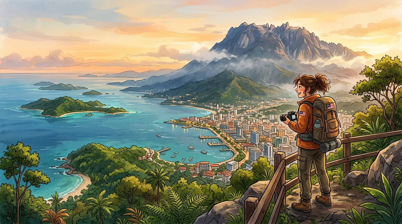 Traveler overlooking Kota Kinabalu with Mount Kinabalu in background