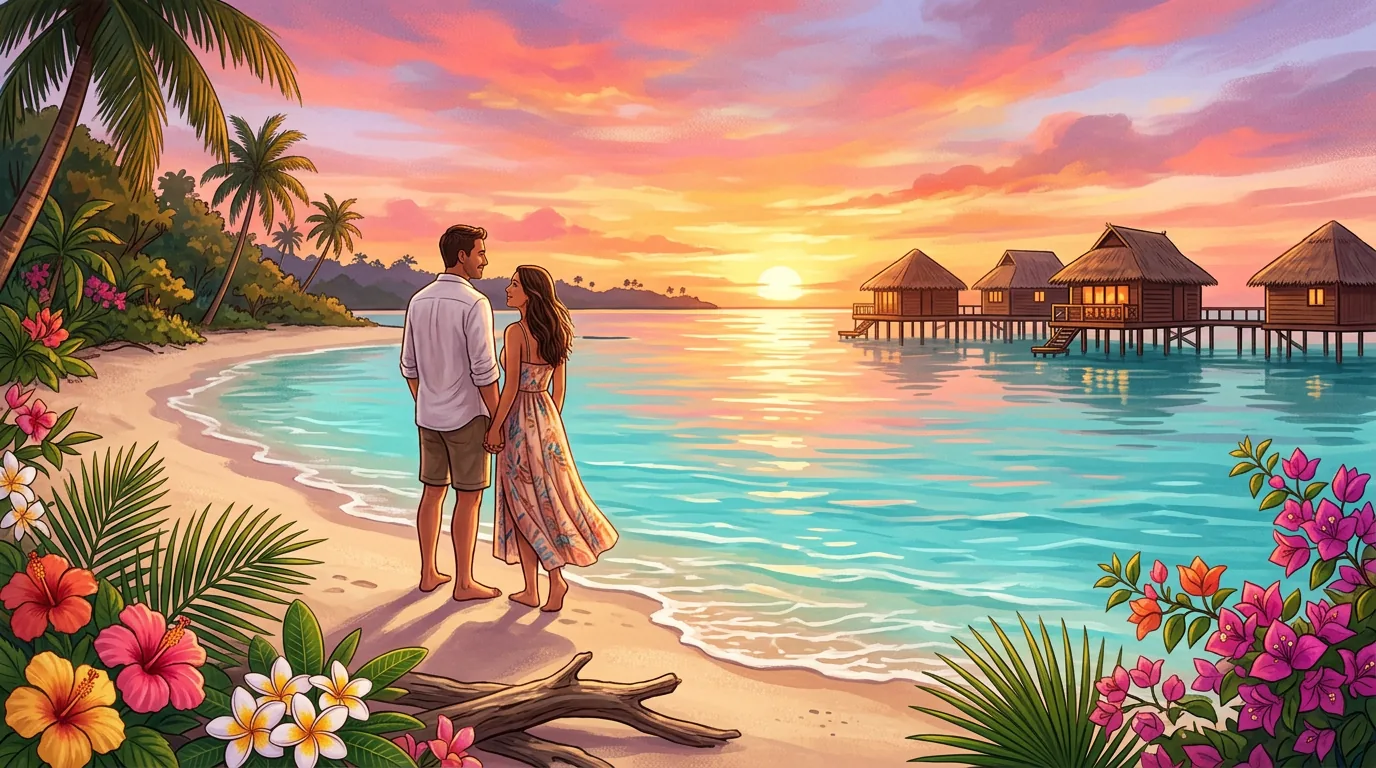 Romantic couple on secluded Sabah beach at sunset