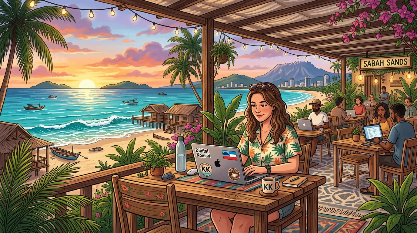 Digital nomad at beachside cafe in Kota Kinabalu