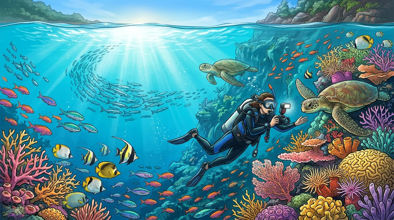 Scuba diver exploring coral reef near Sipadan Island