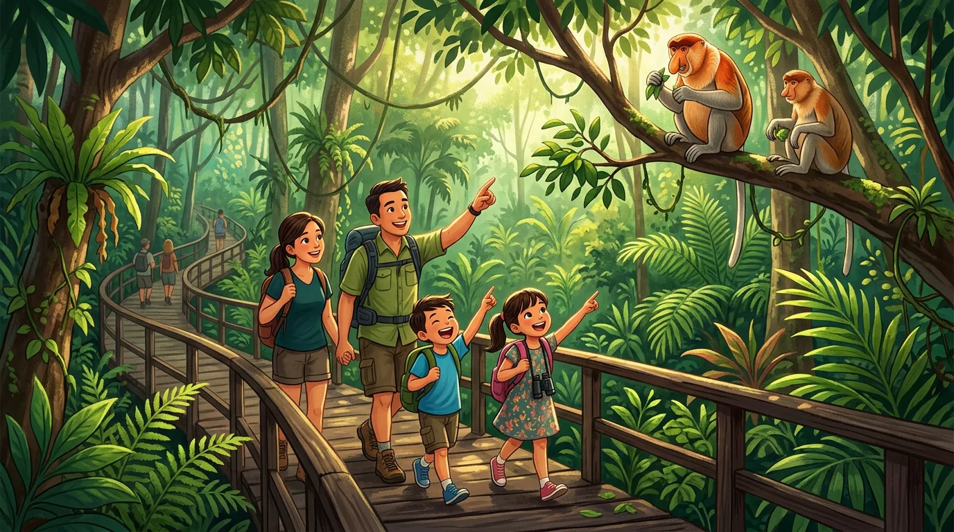 Family exploring Sabah nature trail with wildlife
