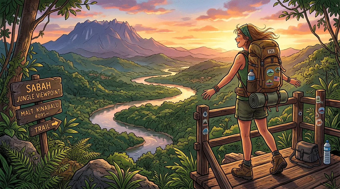 Backpacker at jungle viewpoint overlooking Sabah
