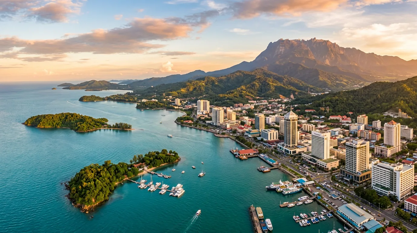 Panoramic view of Sabah with ocean, islands, and Mount Kinabalu