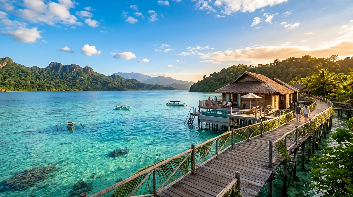 Tropical overwater bungalow resort in Sabah