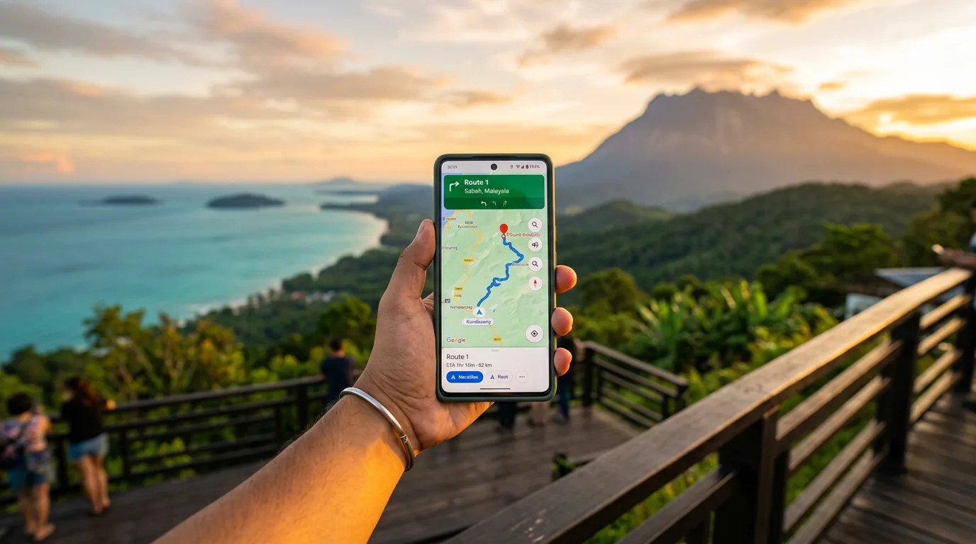 Smartphone showing map navigation with Sabah landscape behind