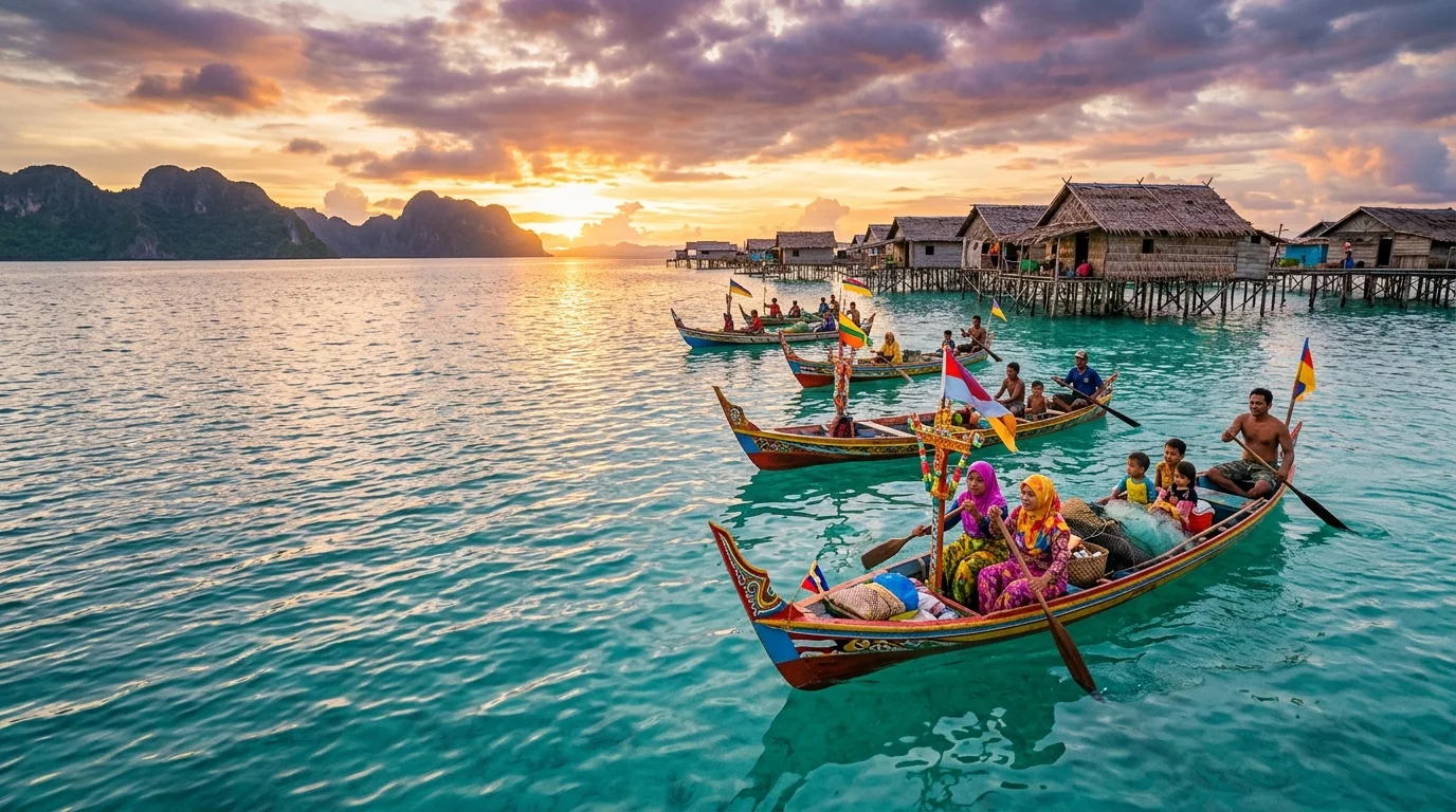 Bajau Laut sea nomad stilt houses over turquoise water in Semporna, Sabah — traditional over-water community with decorated lepa boats nearby