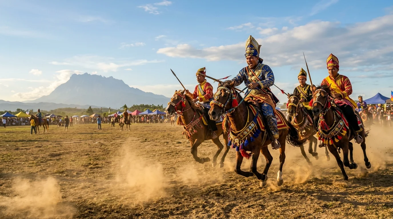 West Coast Bajau horsemen in bright ceremonial attire galloping at the Kota Belud Tamu Besar horse parade, Sabah