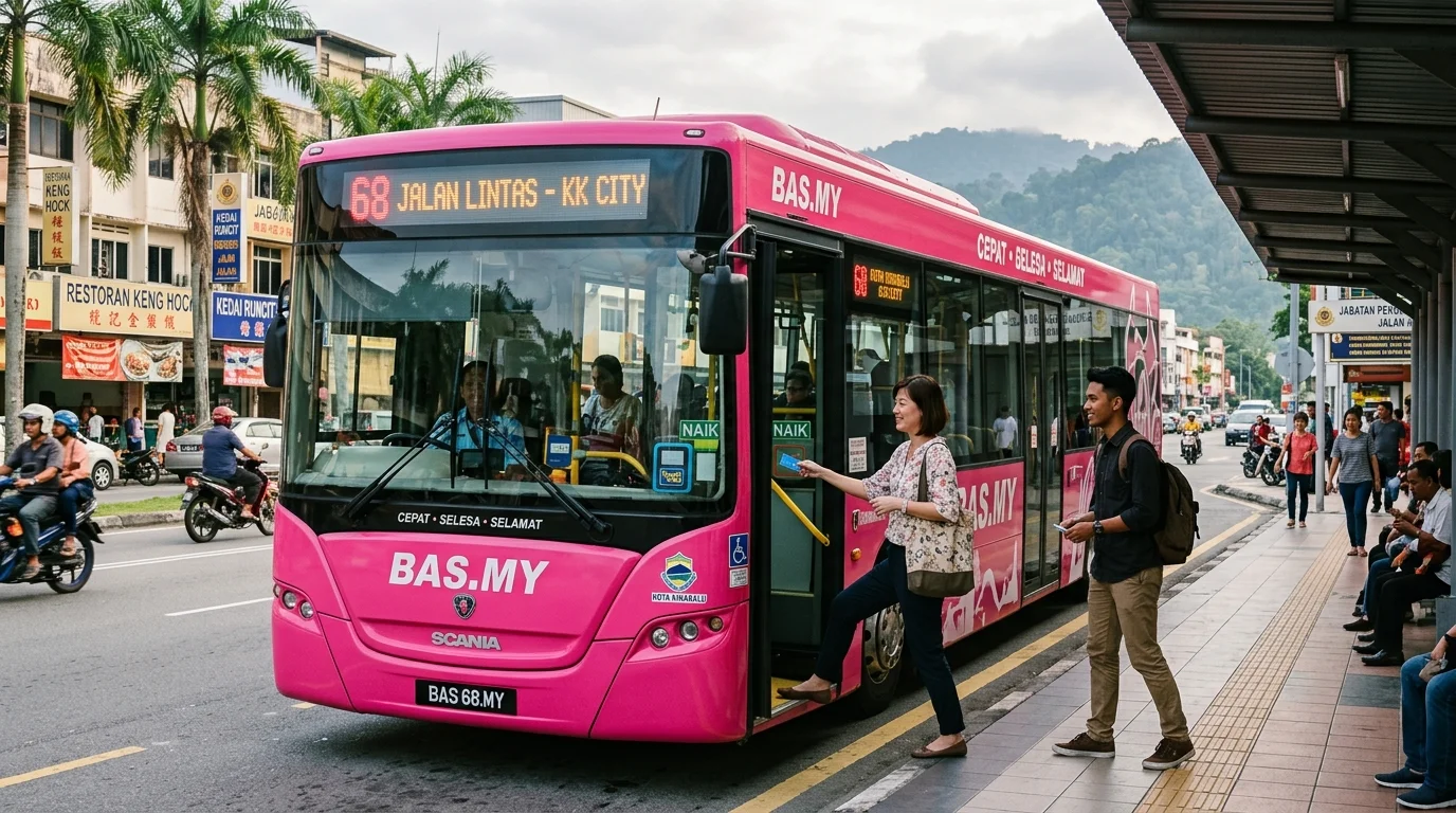BAS.MY pink bus at KK Sentral terminal, Kota Kinabalu