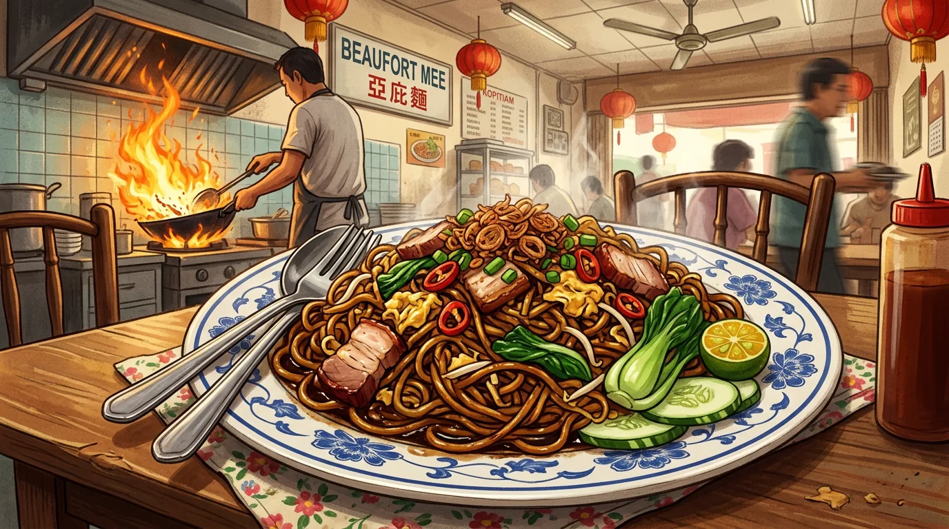 Plate of dark smoky Beaufort Mee fried noodles