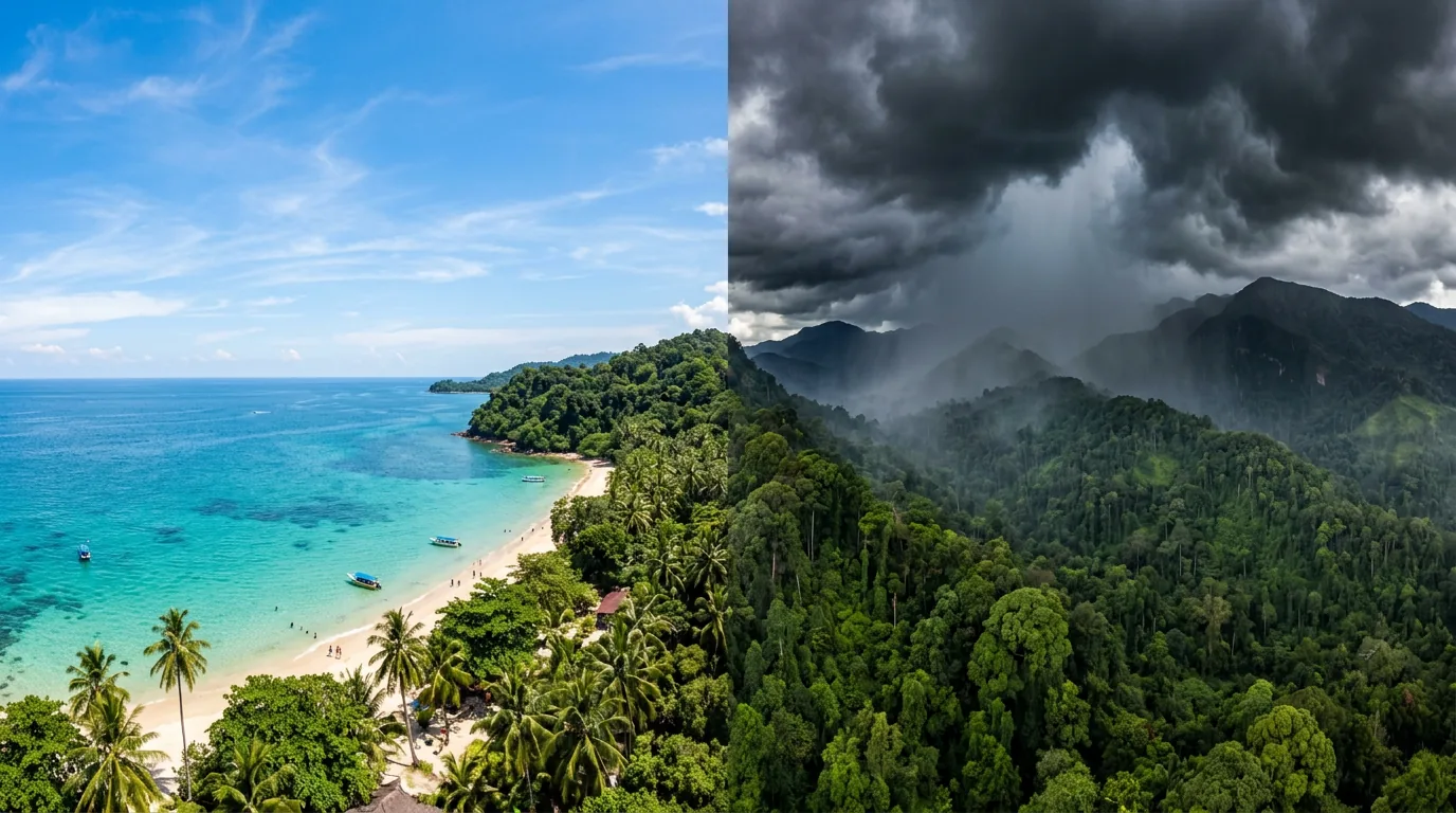 Sabah seasons showing sunny beach and monsoon rainforest