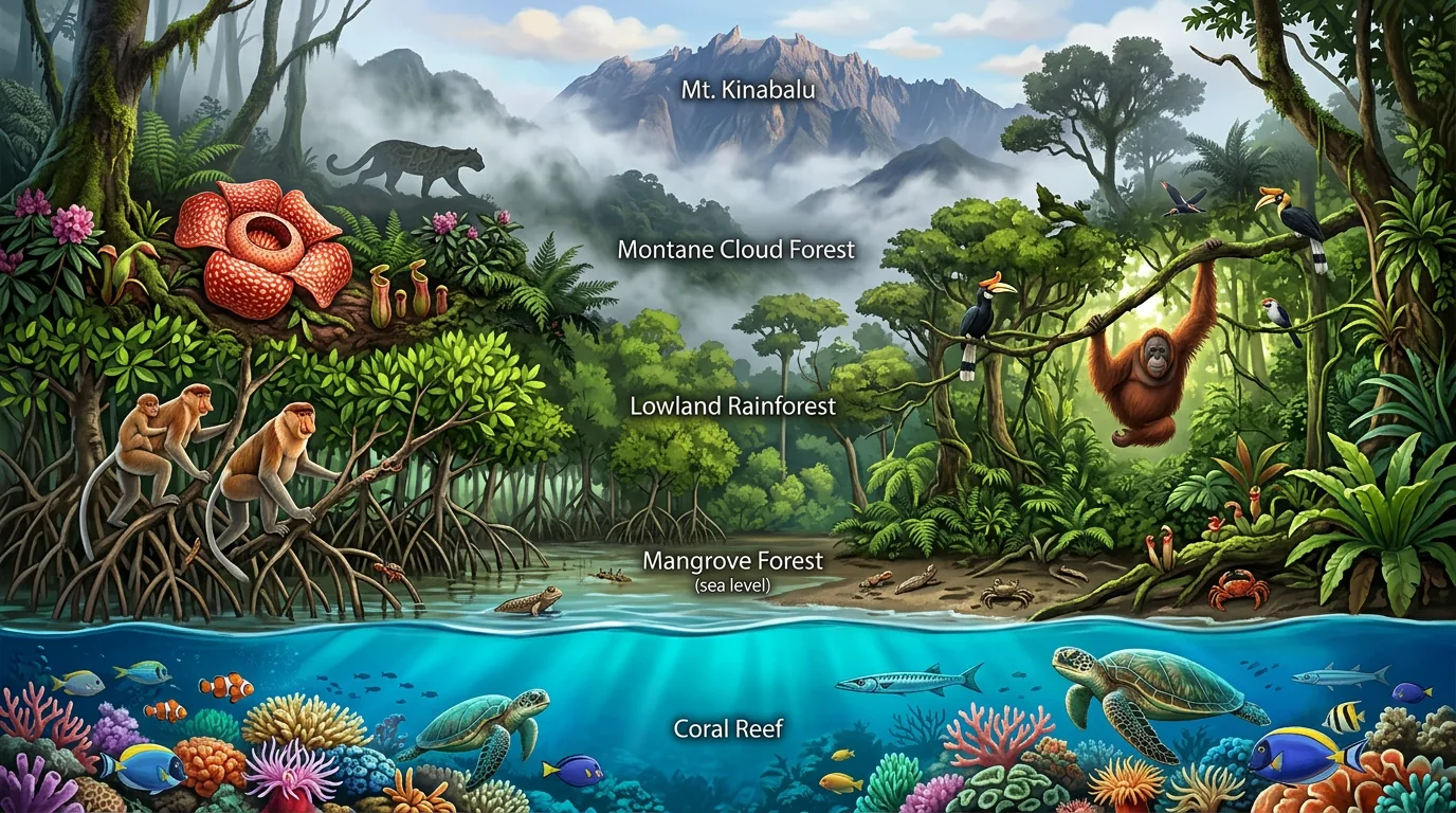 Lush Borneo rainforest canopy with diverse vegetation and tropical light