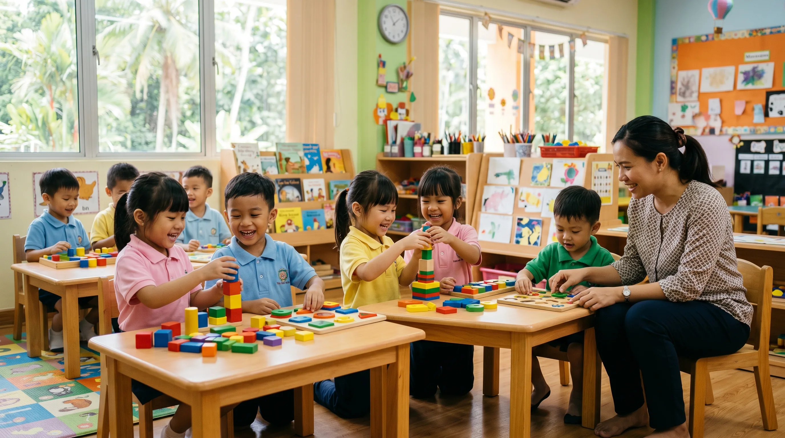 Southeast Asian preschool children playing with educational toys at a daycare centre in Kota Kinabalu, Sabah