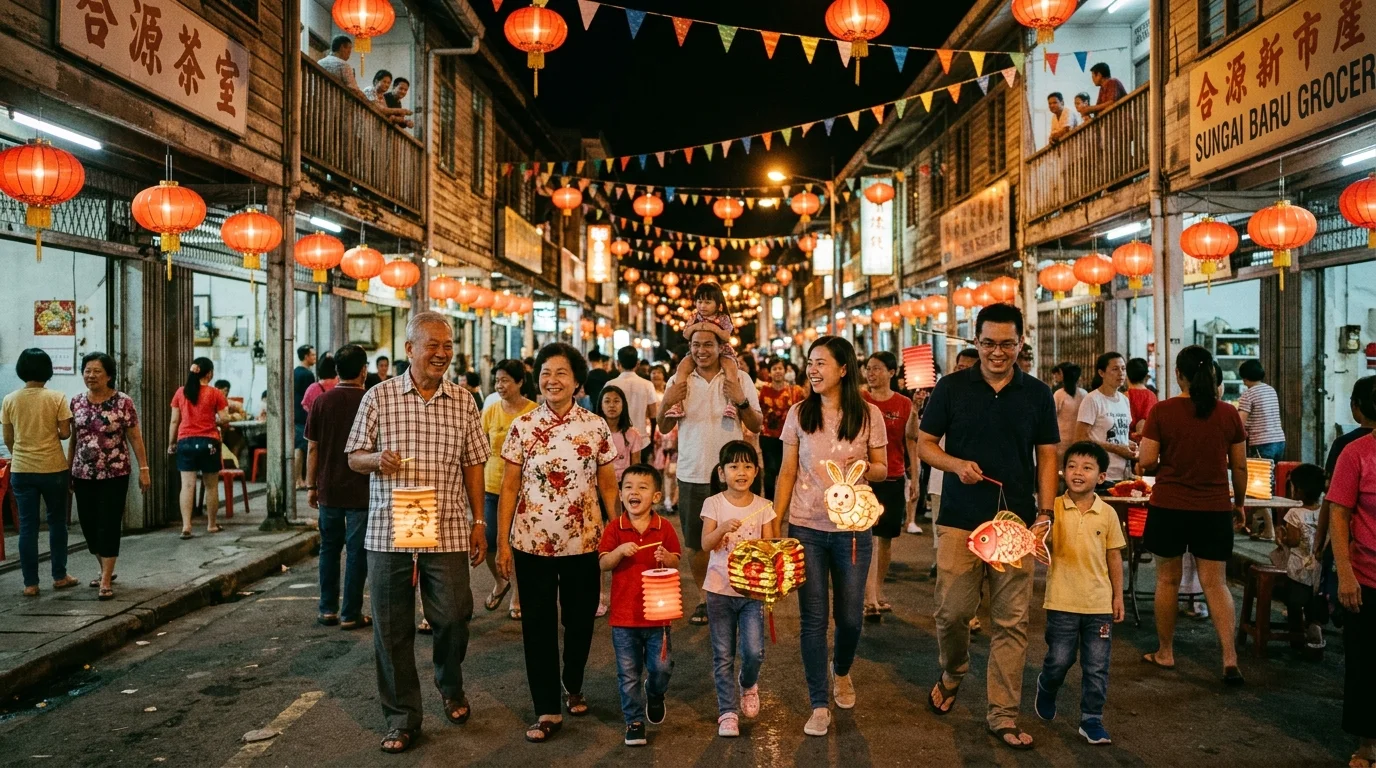 Traditional Chinese shophouses in Sandakan old town with red lanterns and intricate wooden facades — colonial-era Chinese merchant architecture in East Sabah