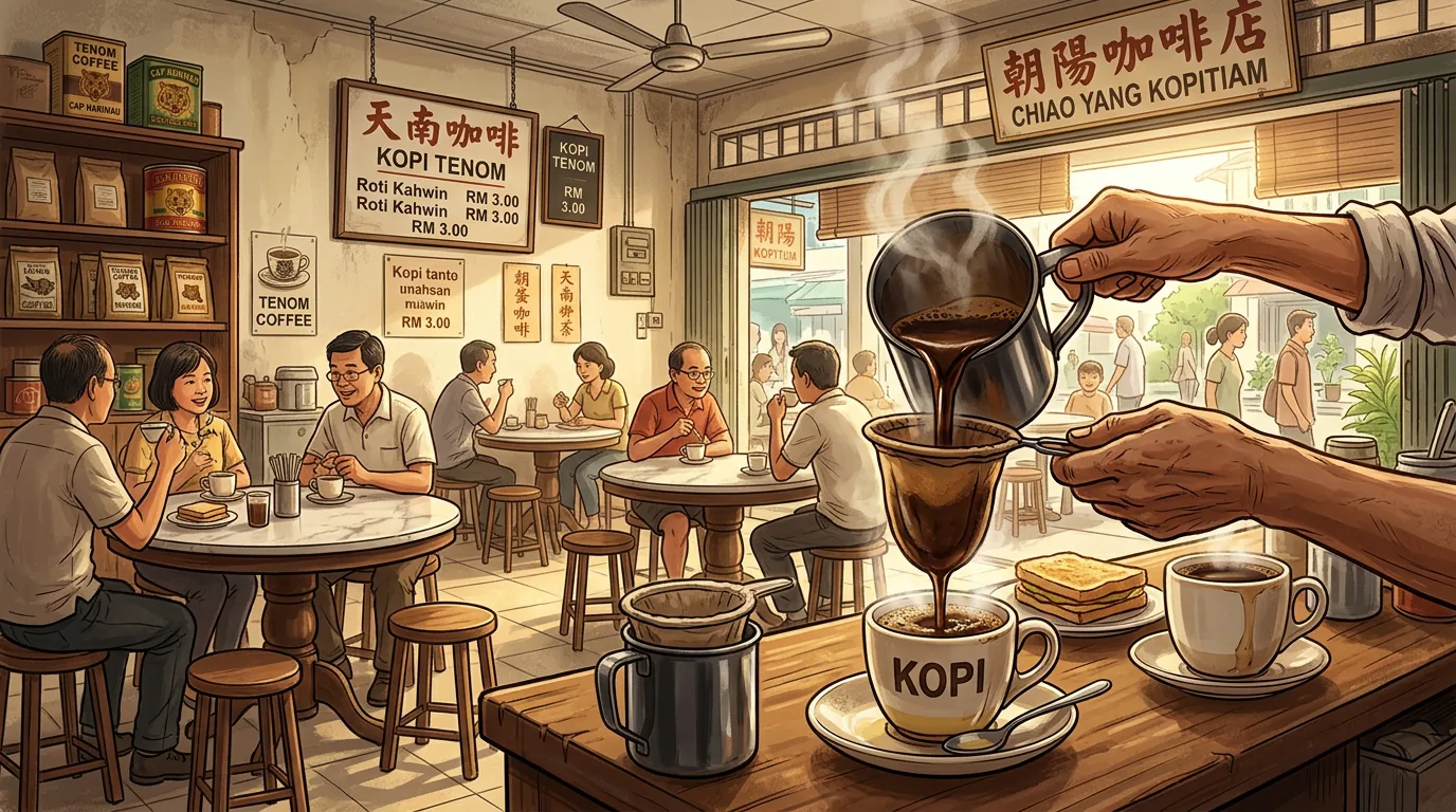 Traditional kopitiam coffee preparation