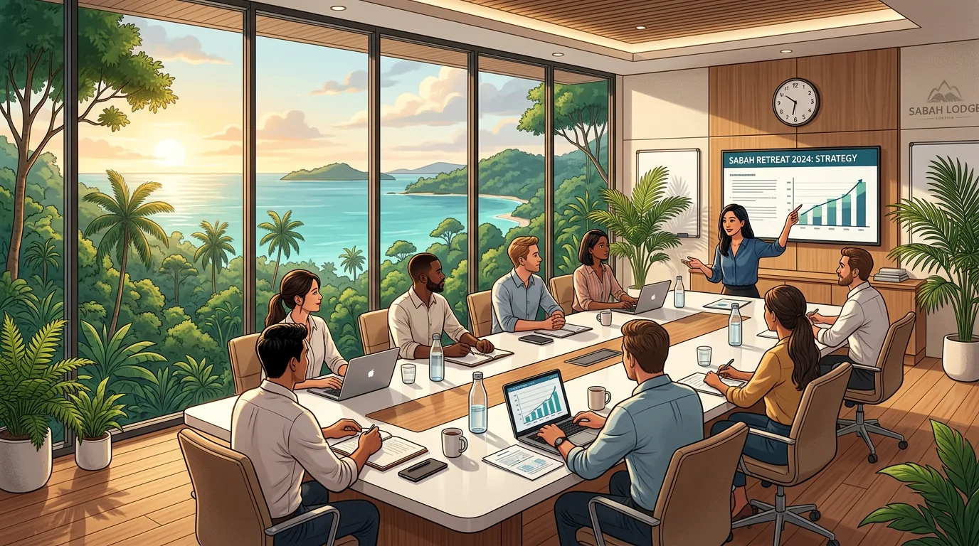 Conference room overlooking tropical forest and ocean