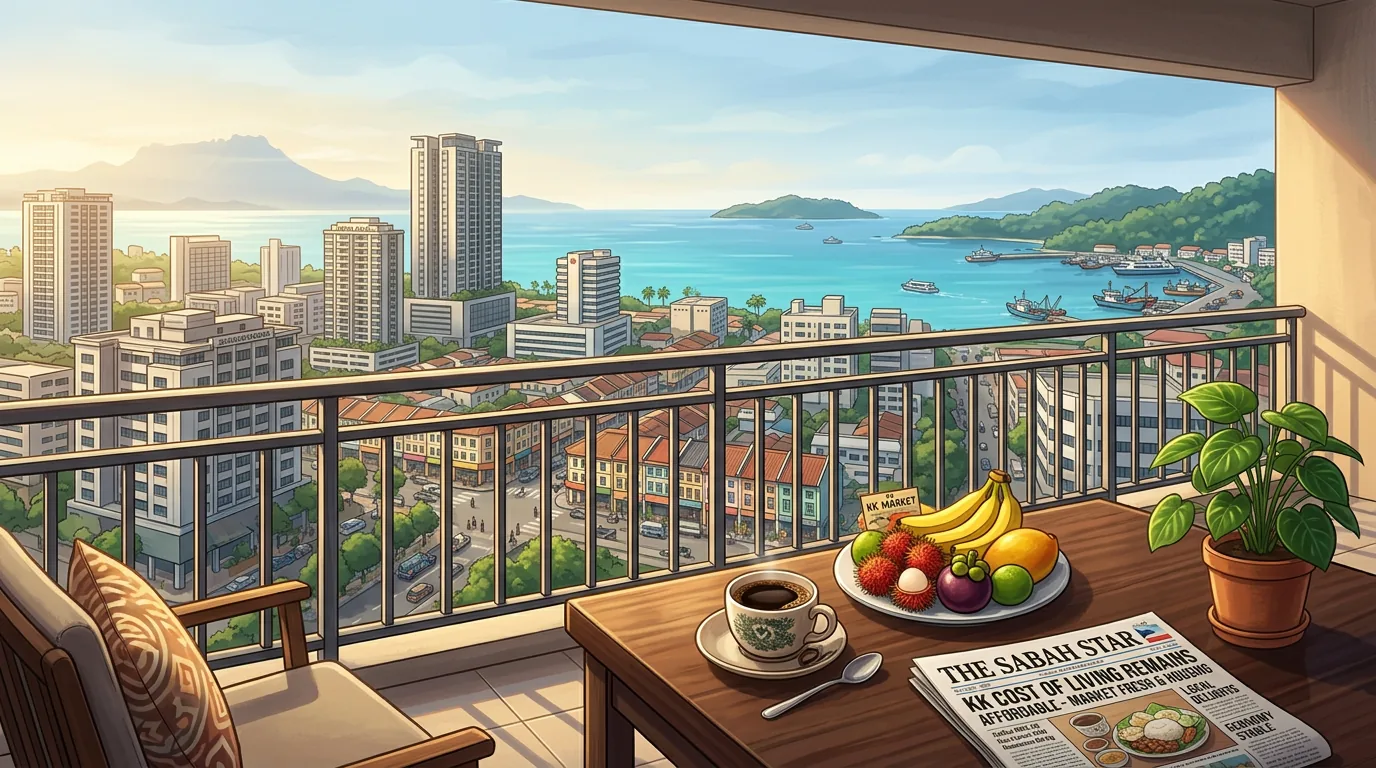 Apartment balcony overlooking KK city and sea