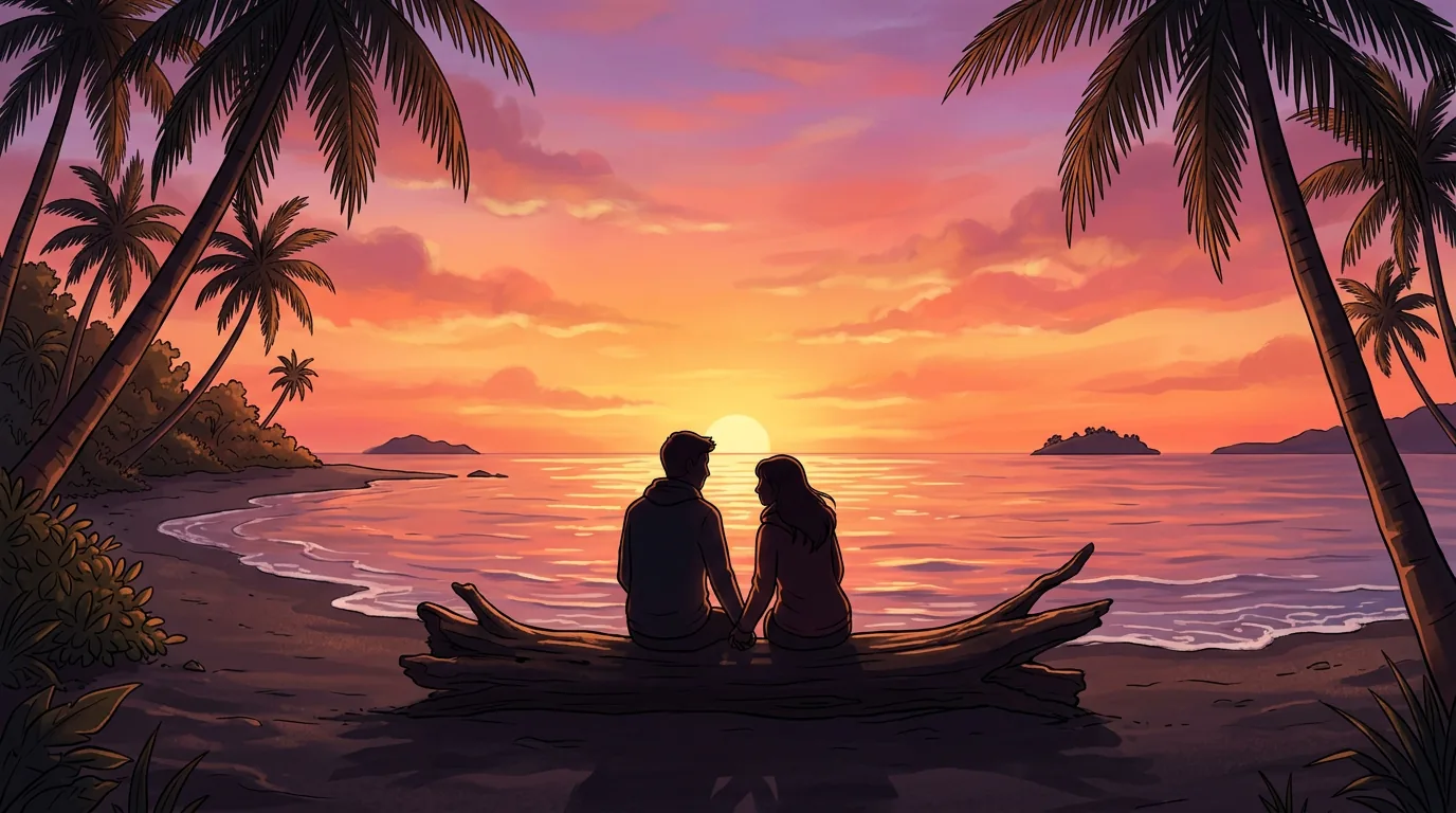 Couple watching sunset on a Sabah beach