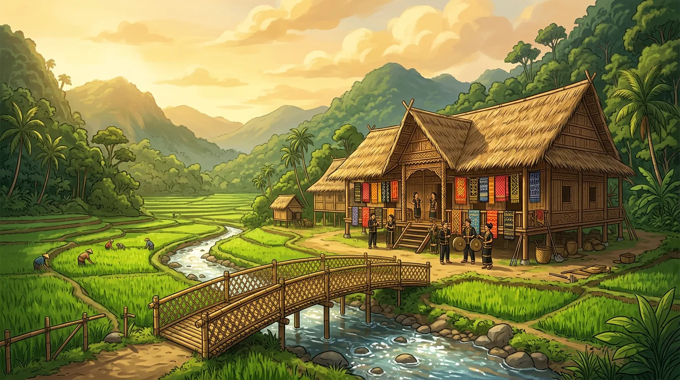 Traditional Kadazan-Dusun longhouse surrounded by rice paddies