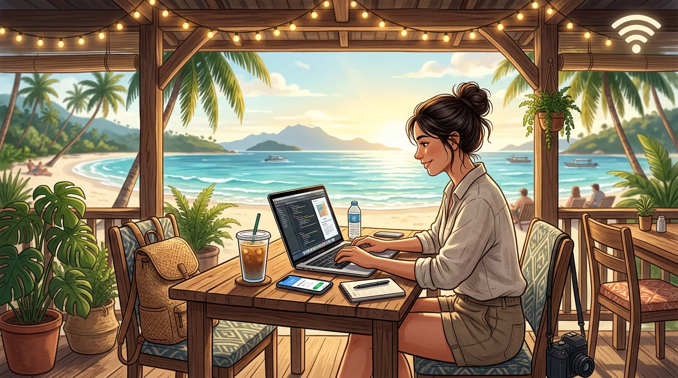 Digital nomad working at beachfront cafe