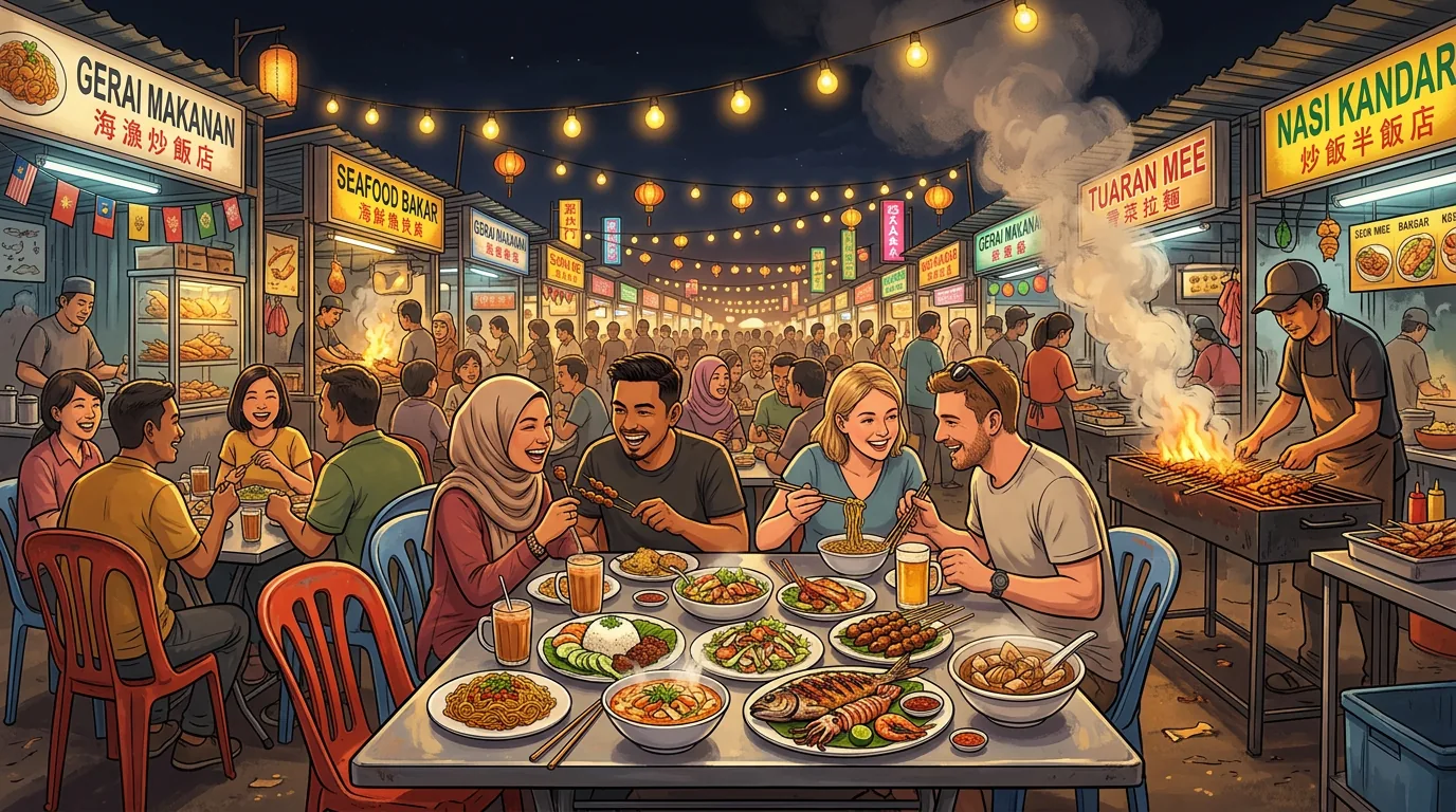 Bustling night food court in Sabah