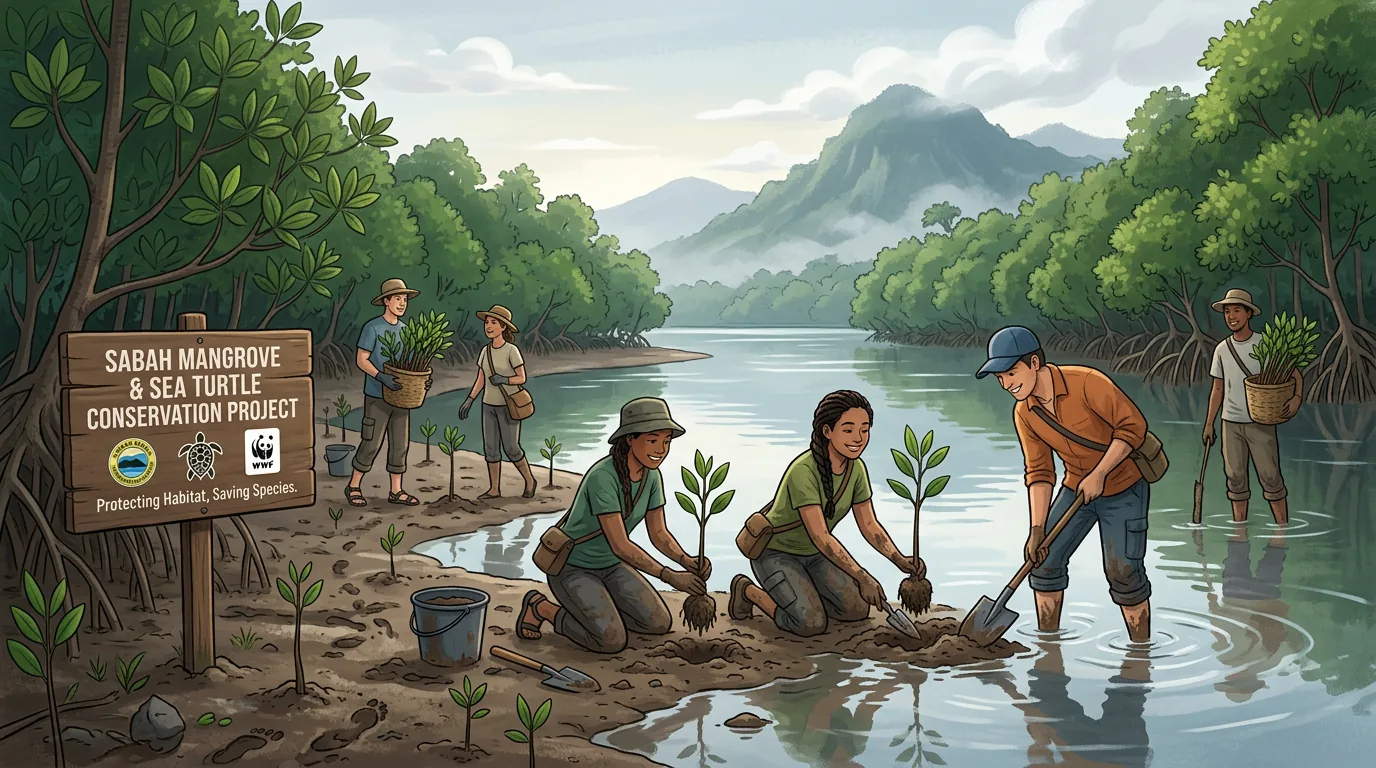 Volunteers planting mangroves along riverbank