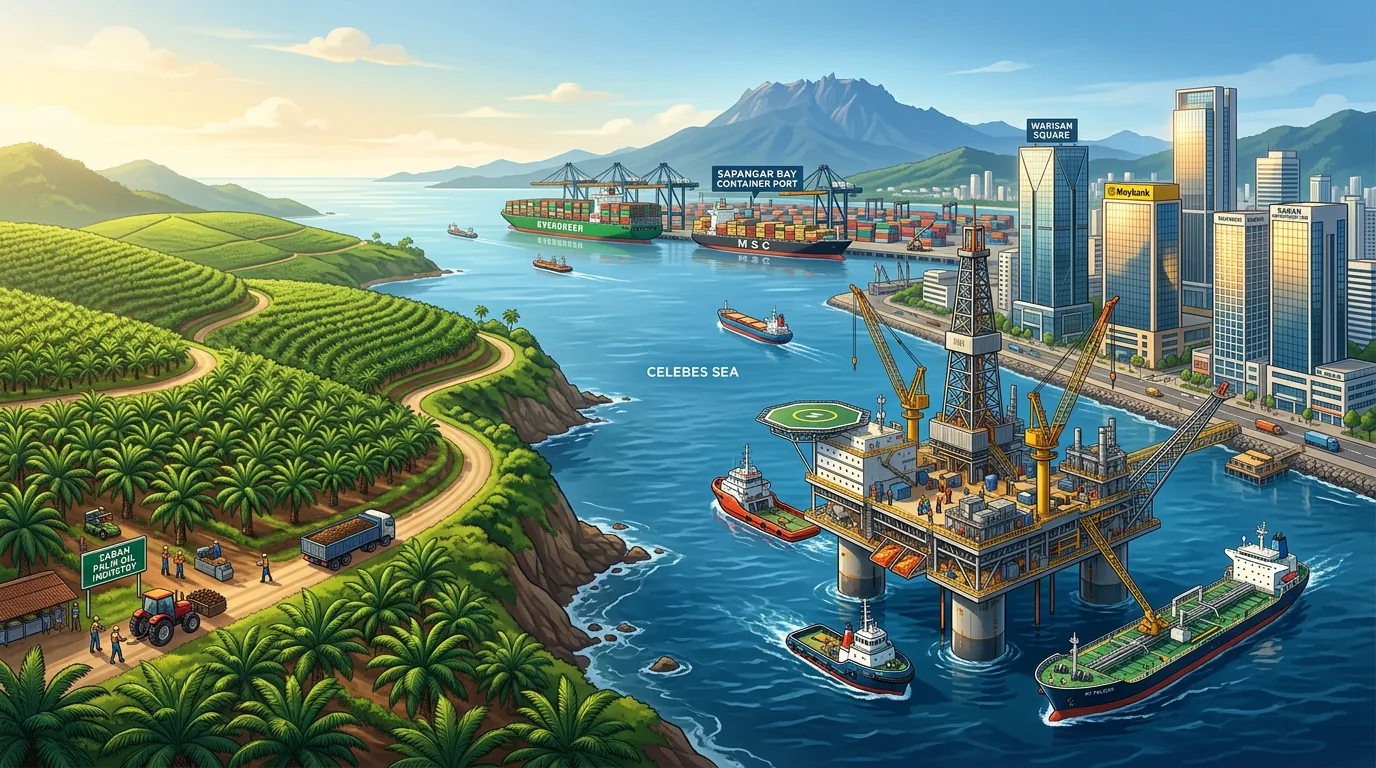 Aerial view of commercial district in Kota Kinabalu with Southeast Asian professionals