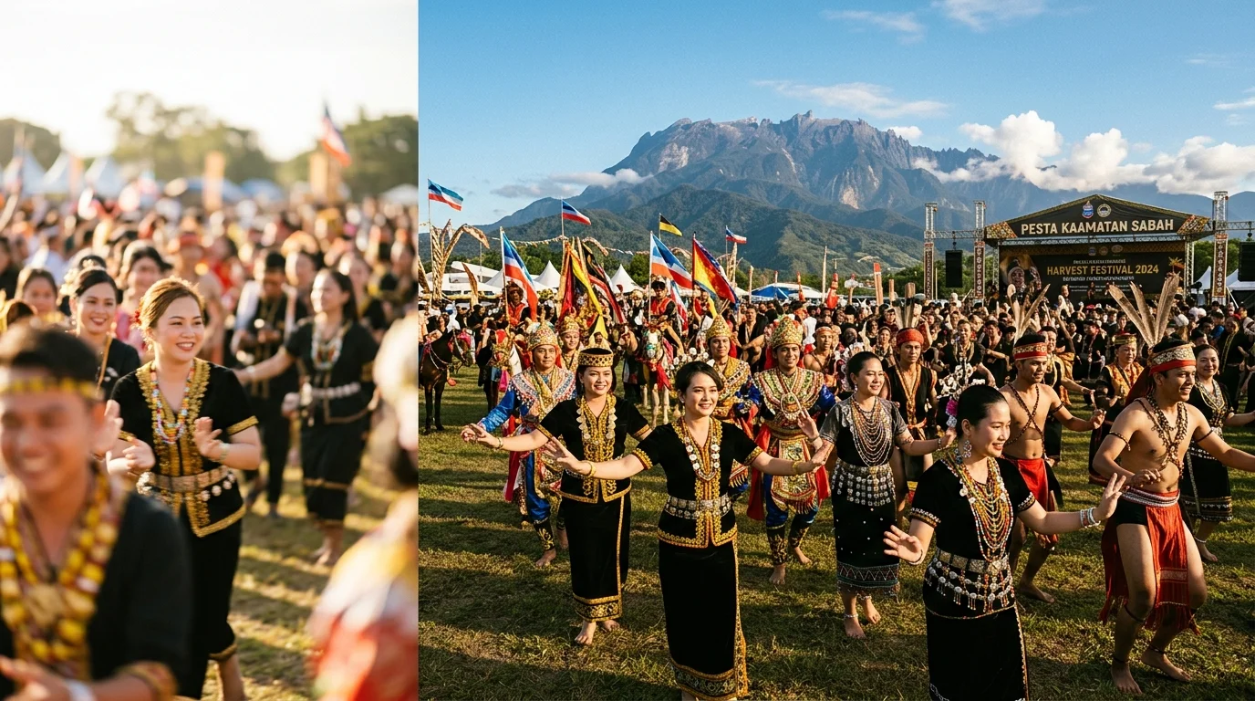 Diverse traditional costumes of Sabah's ethnic groups at Kaamatan festival — Kadazan-Dusun, Bajau, Murut, and Rungus attire