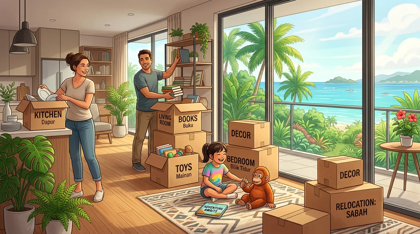 Family unpacking in tropical apartment