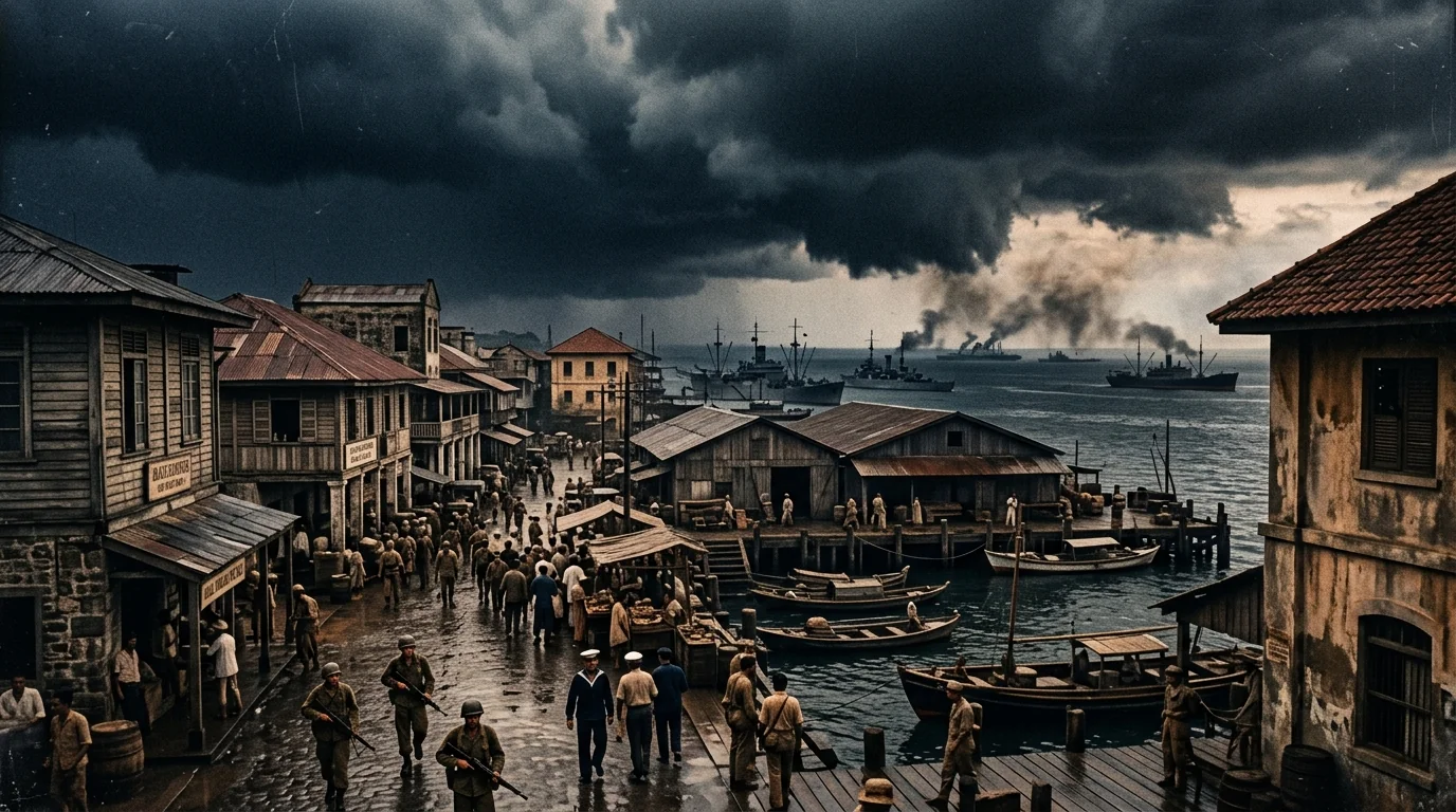Colonial port town with storm clouds gathering — the Fall of Jesselton 1941