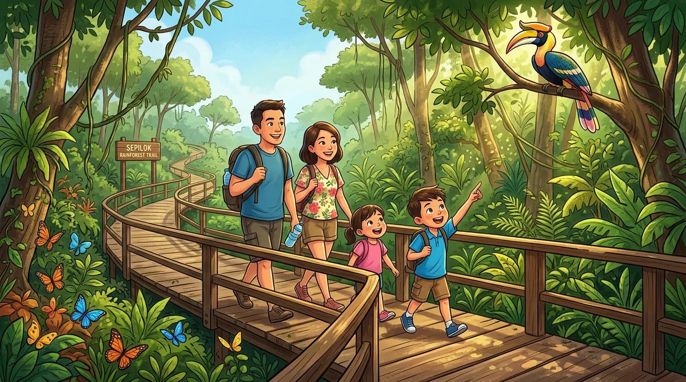 Family on jungle boardwalk spotting hornbill