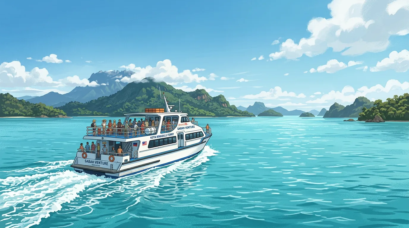 Ferry crossing turquoise waters toward island