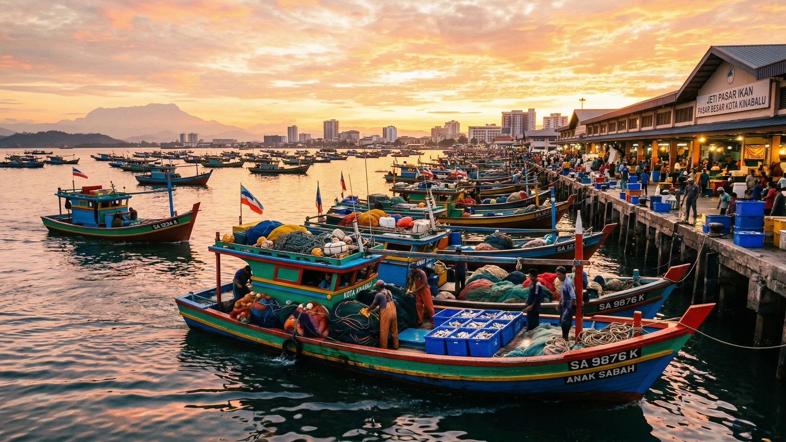 Sabah fish market in Kota Kinabalu with Malaysian fishmonger displaying fresh seafood catch