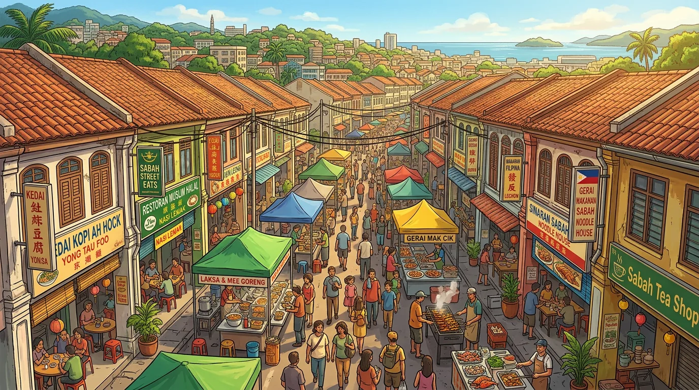 Vibrant street food district with kopitiam shophouses