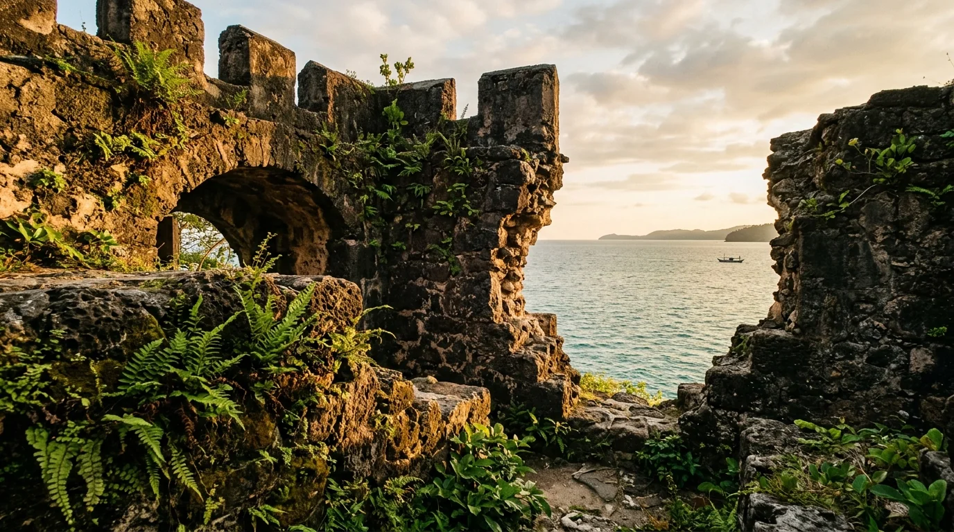 Fort Cowie ancient stone walls in Kudat with the Sulu Sea in background