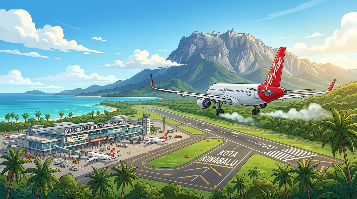 Airplane arriving with Mount Kinabalu backdrop