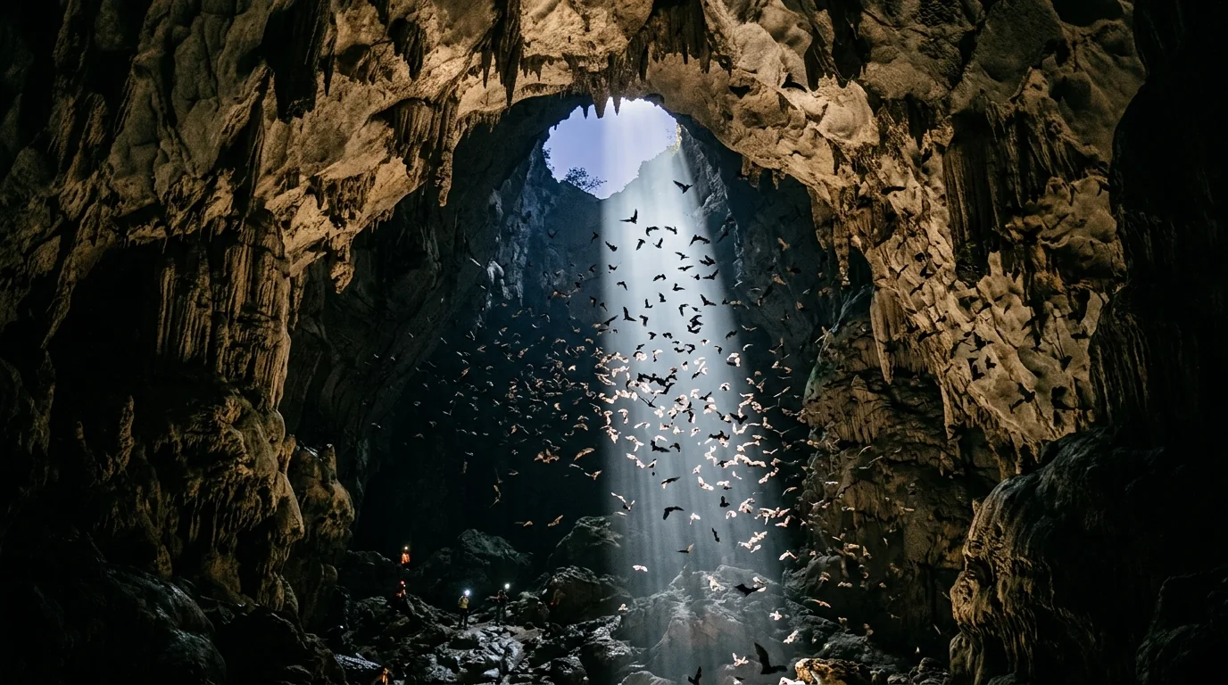 Shaft of light inside Gomantong Caves with bats in flight — Sabah largest limestone cave