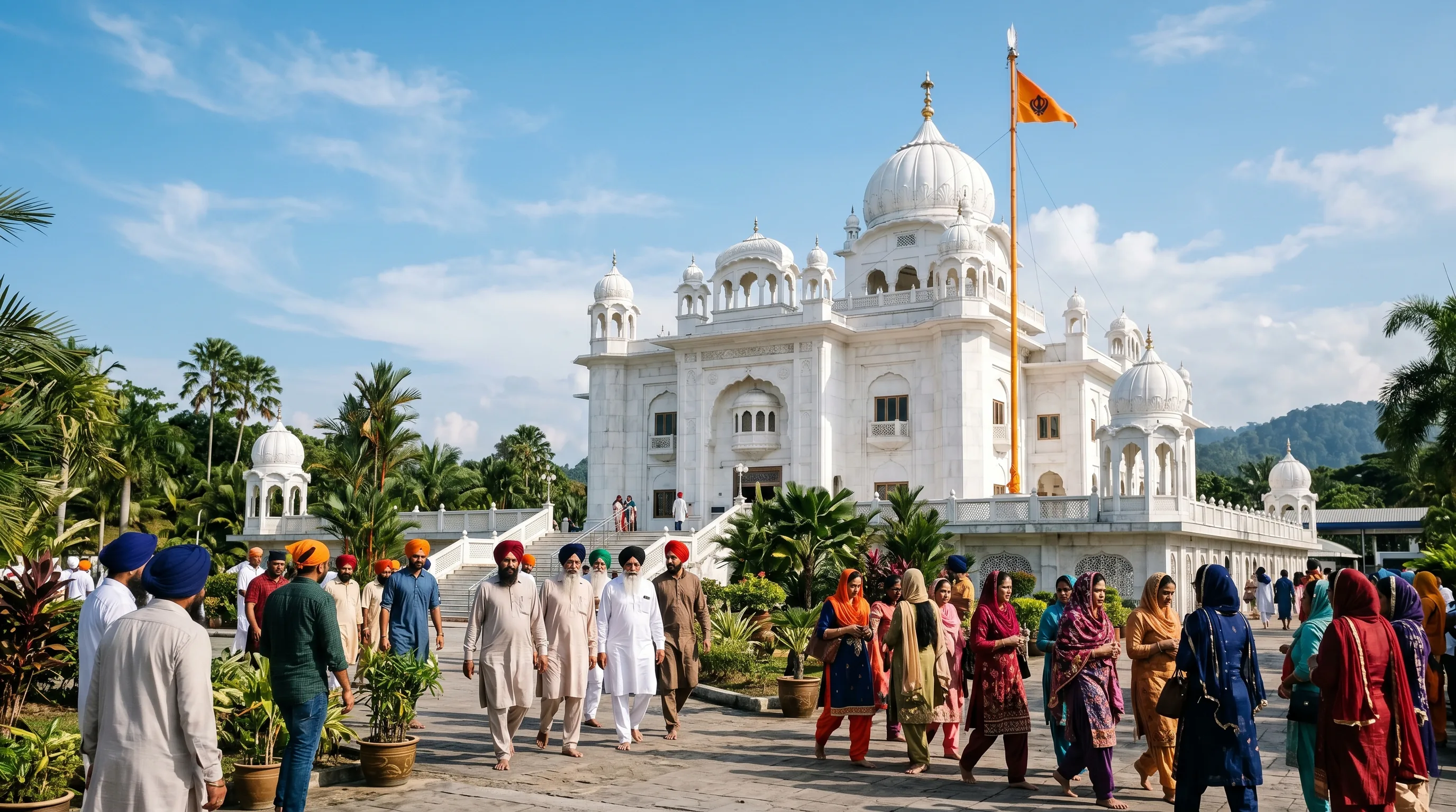 The entrance of the Gurdwara Sahib in Kota Kinabalu, Sabah, with Malaysian Sikh worshippers in turbans gathering for Sunday prayers