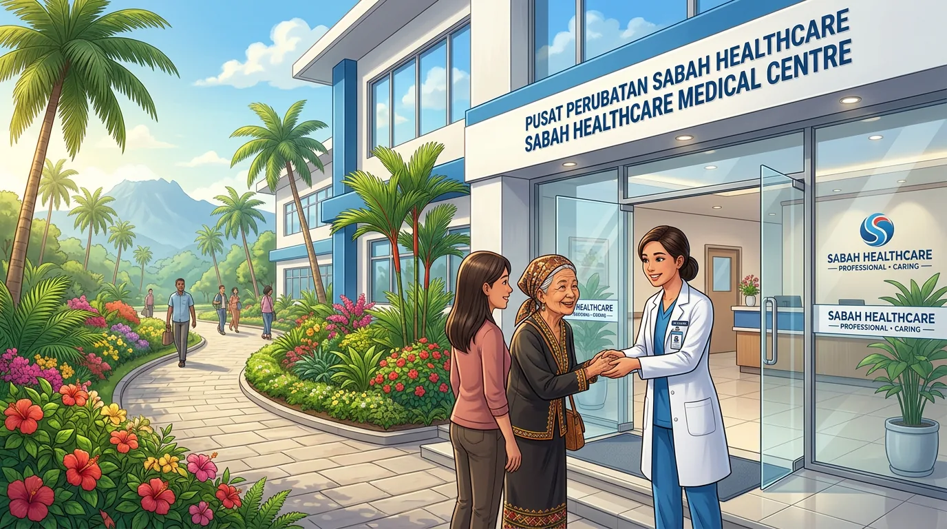 Modern hospital entrance with tropical garden