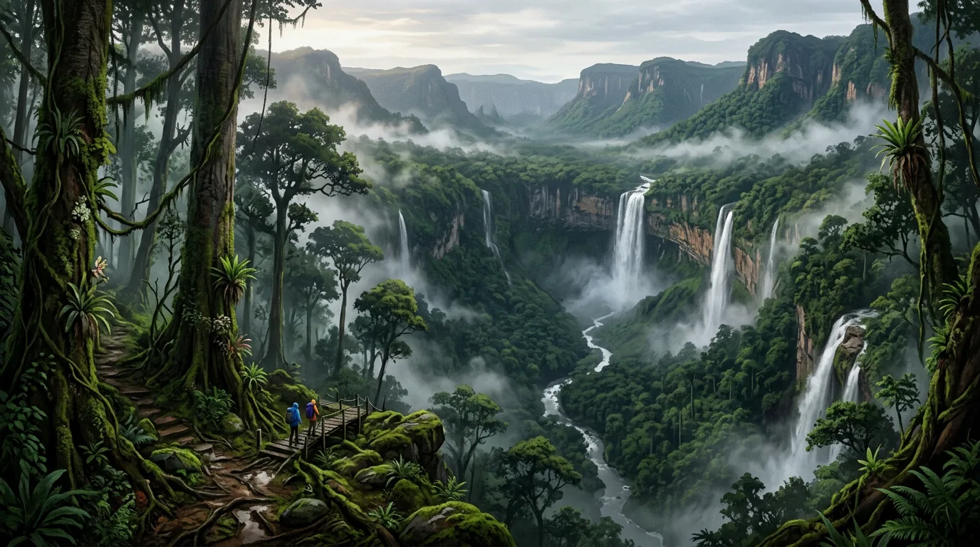 Misty rainforest basin in Sabah's interior