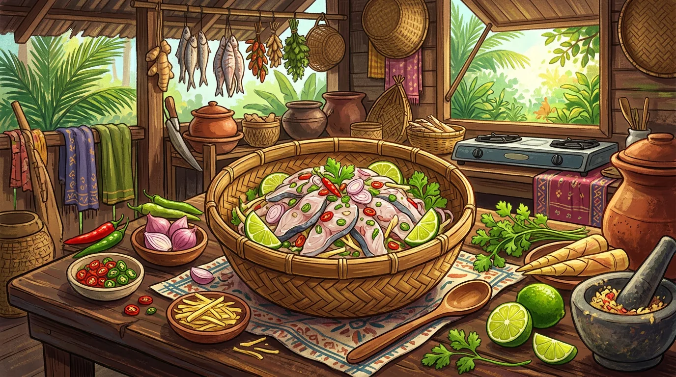 Hinava raw fish salad in traditional bamboo bowl