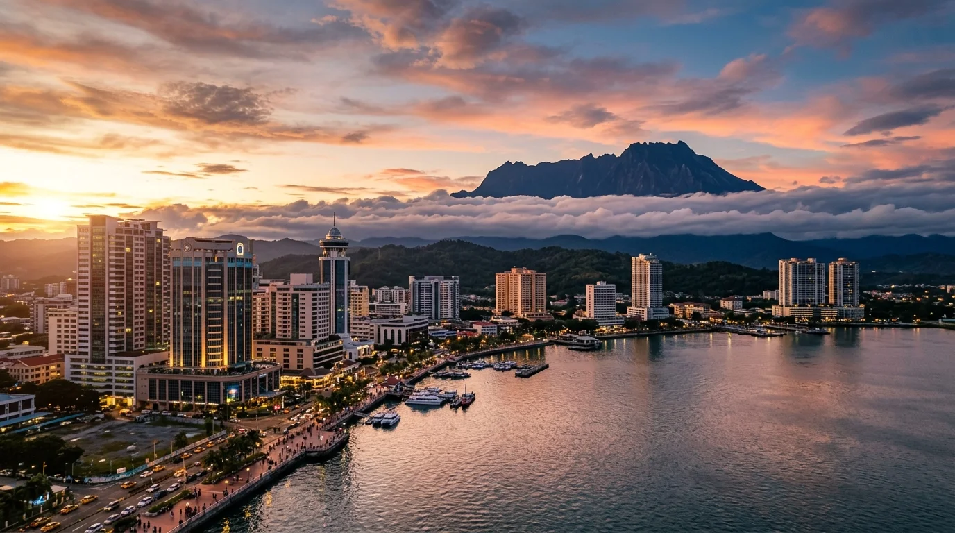 Kota Kinabalu city skyline with Mount Kinabalu in the background