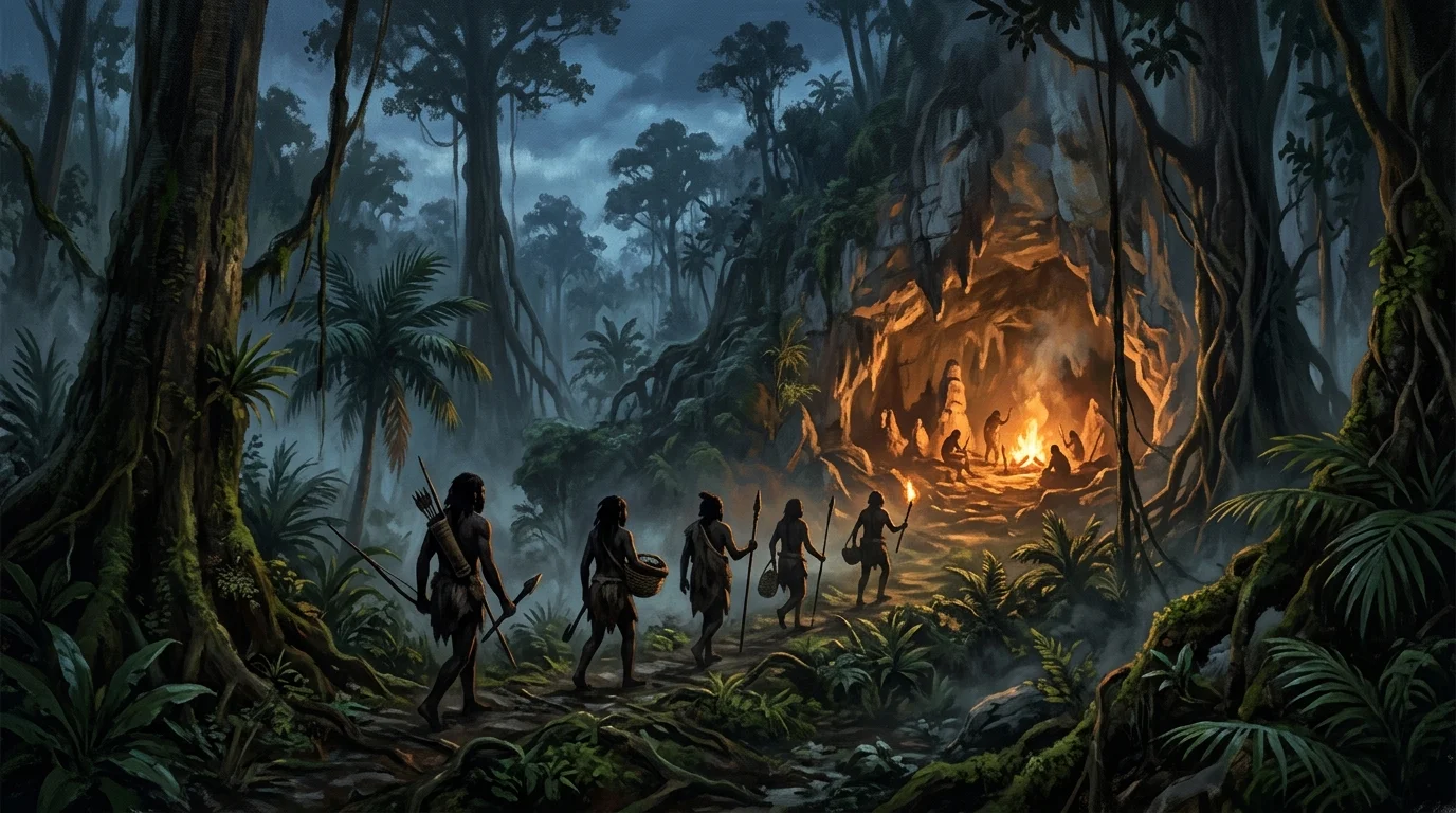 Prehistoric cave settlement in ancient Borneo jungle during the Ice Age