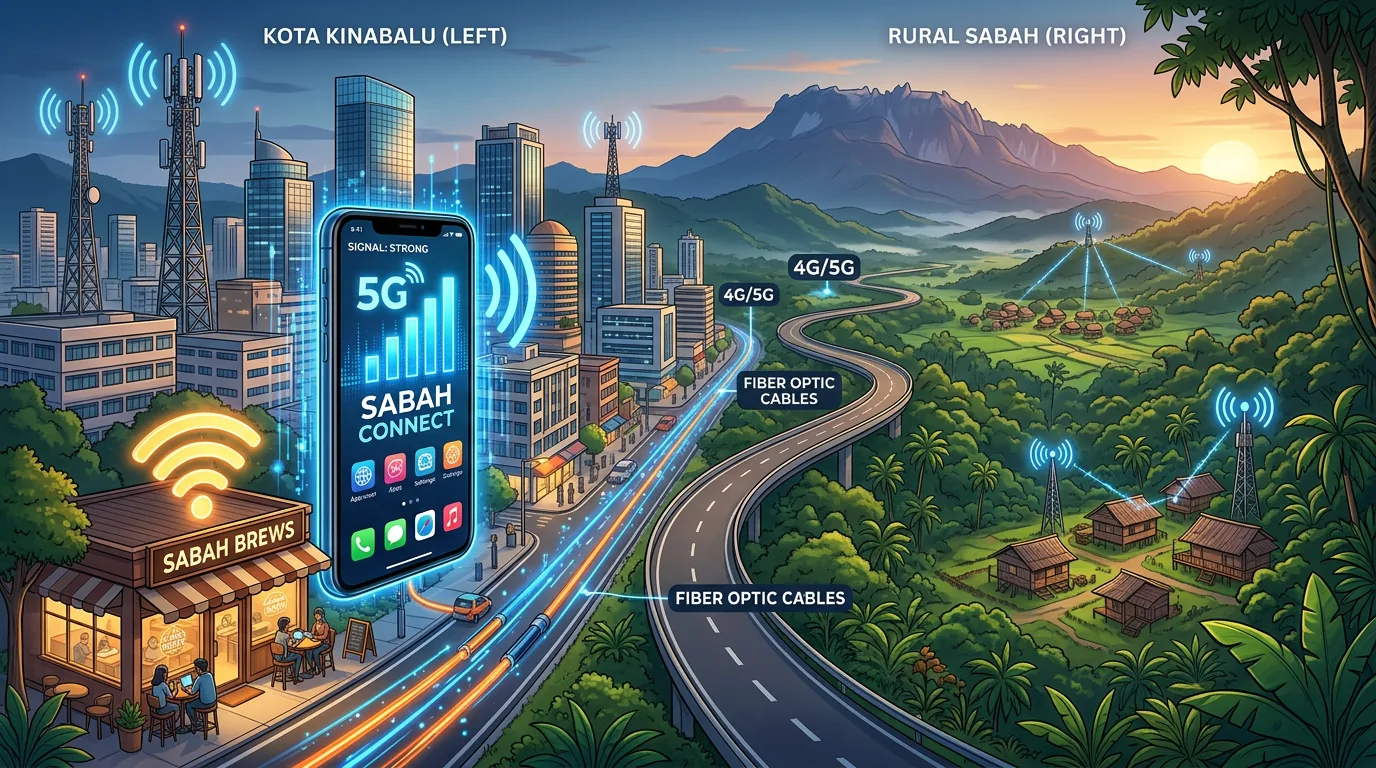 Smartphone with signal against Sabah landscape