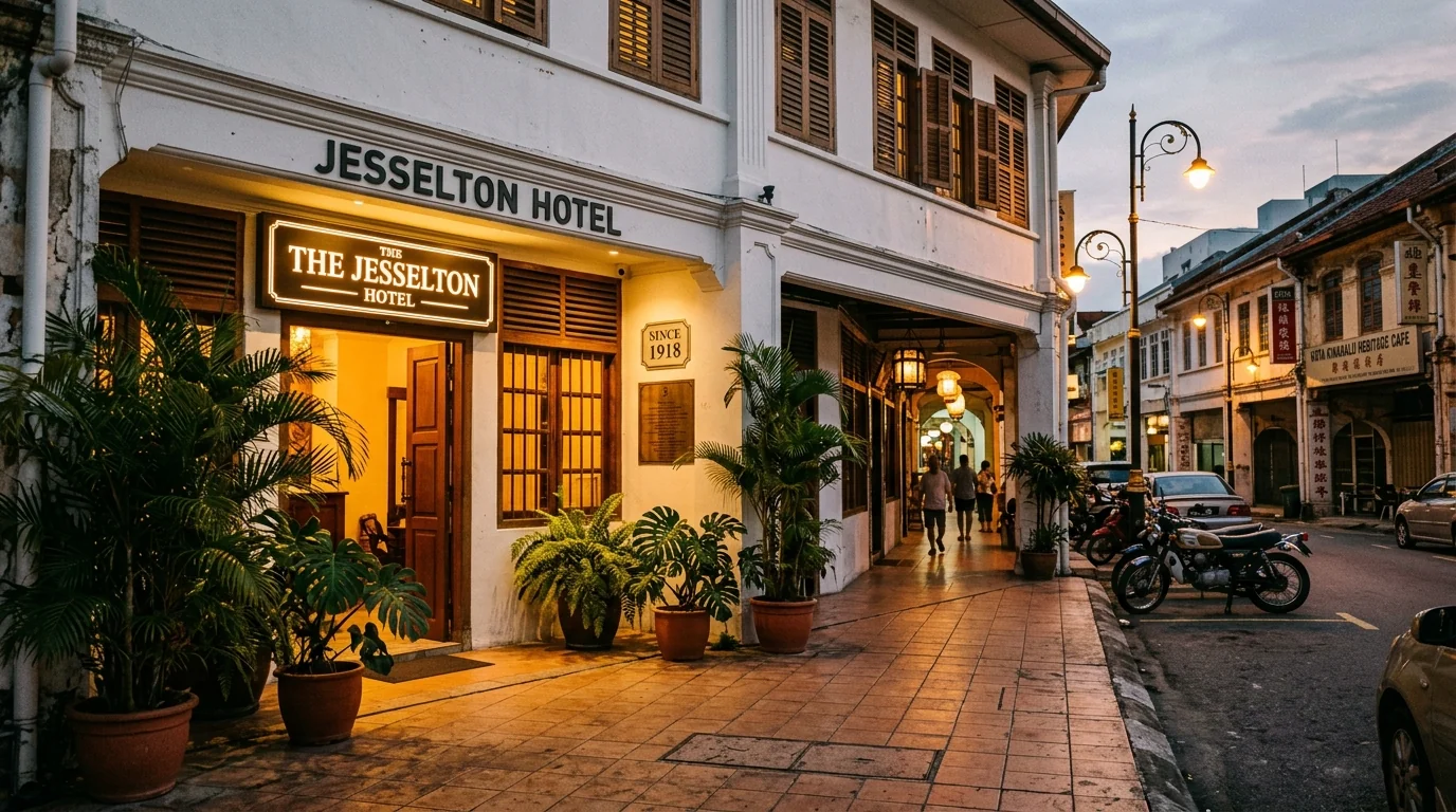 Jesselton Hotel heritage colonial facade on Jalan Gaya KK at evening