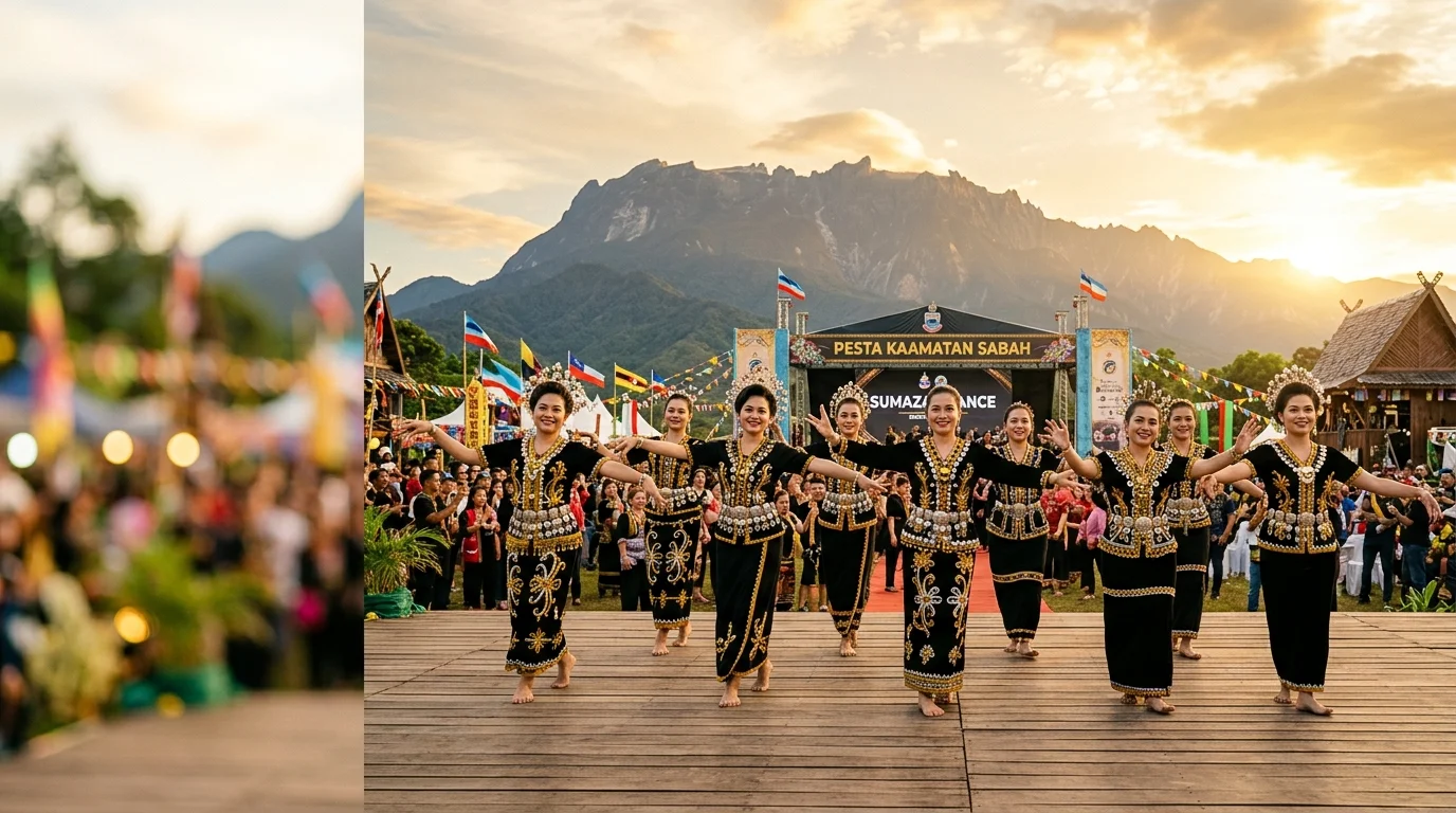 Kadazan-Dusun women in traditional black sinuangga attire with gold belt ornaments performing the Sumazau dance at Kaamatan festival, Sabah