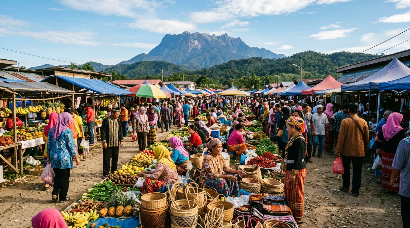 Traditional tamu market in Kota Belud with Mount Kinabalu