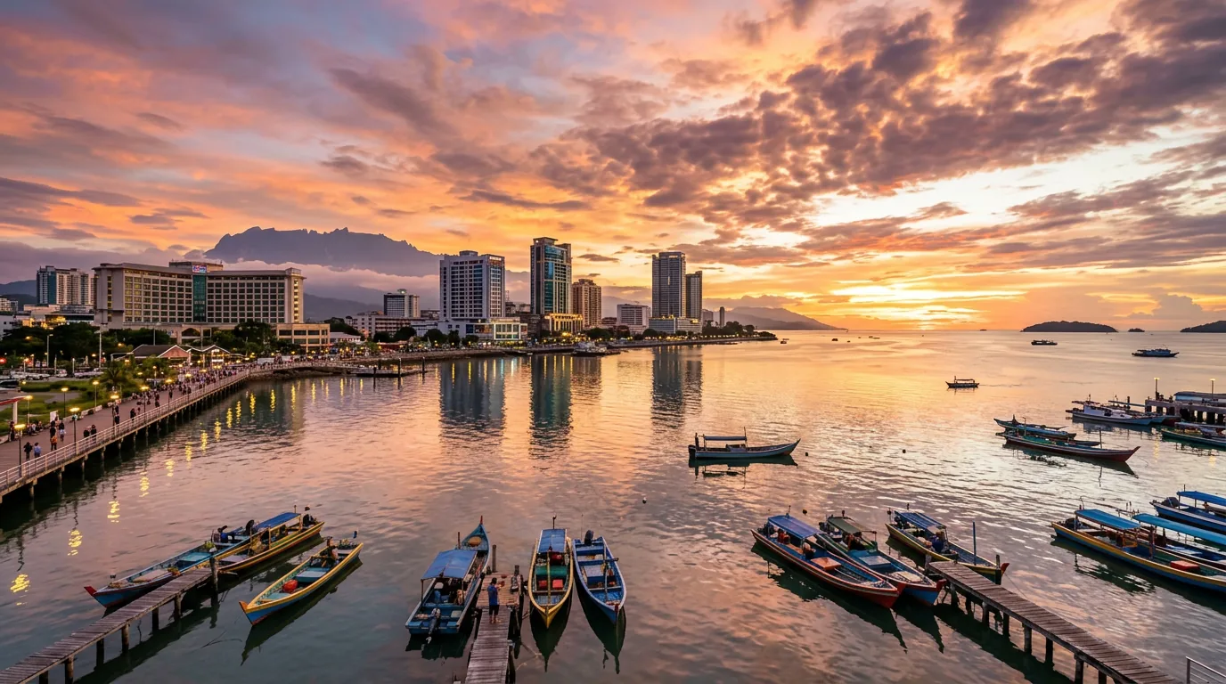 Kota Kinabalu waterfront at golden hour sunset