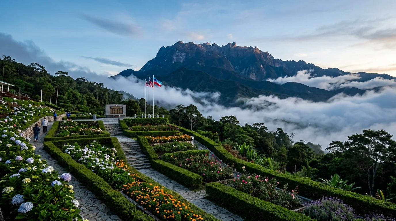Kundasang War Memorial gardens with Mount Kinabalu in the background