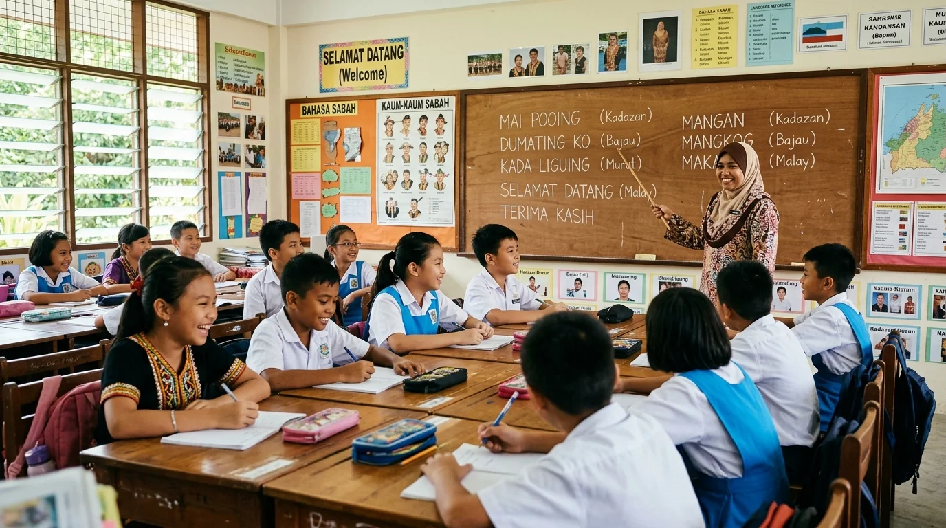 A multilingual classroom in Sabah where students learn in Bahasa Malaysia alongside their mother tongue — representing the state's 80+ language communities
