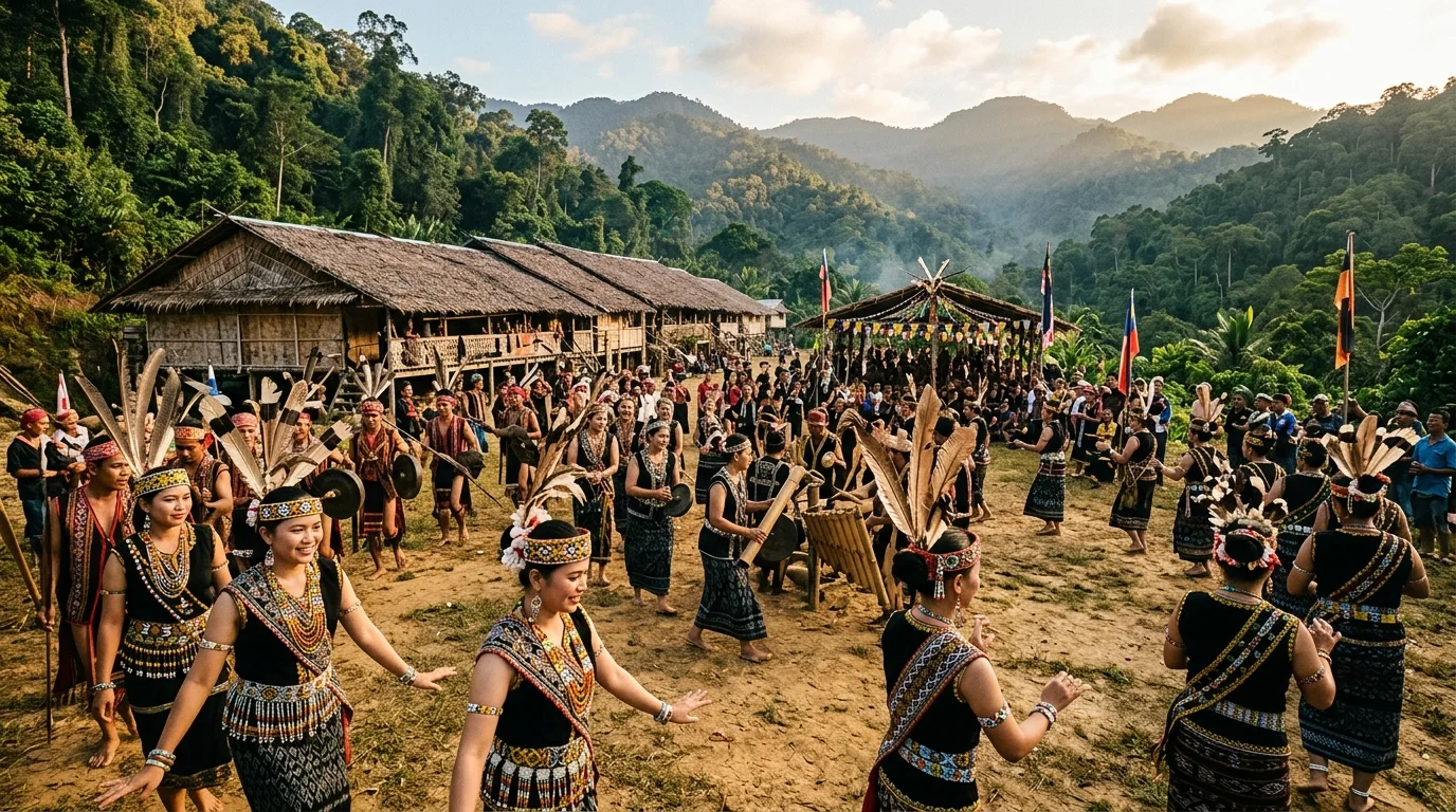 Lundayeh community members in traditional attire at a harvest festival in Sipitang, Sabah, with rice stalks and longhouse architecture in the background